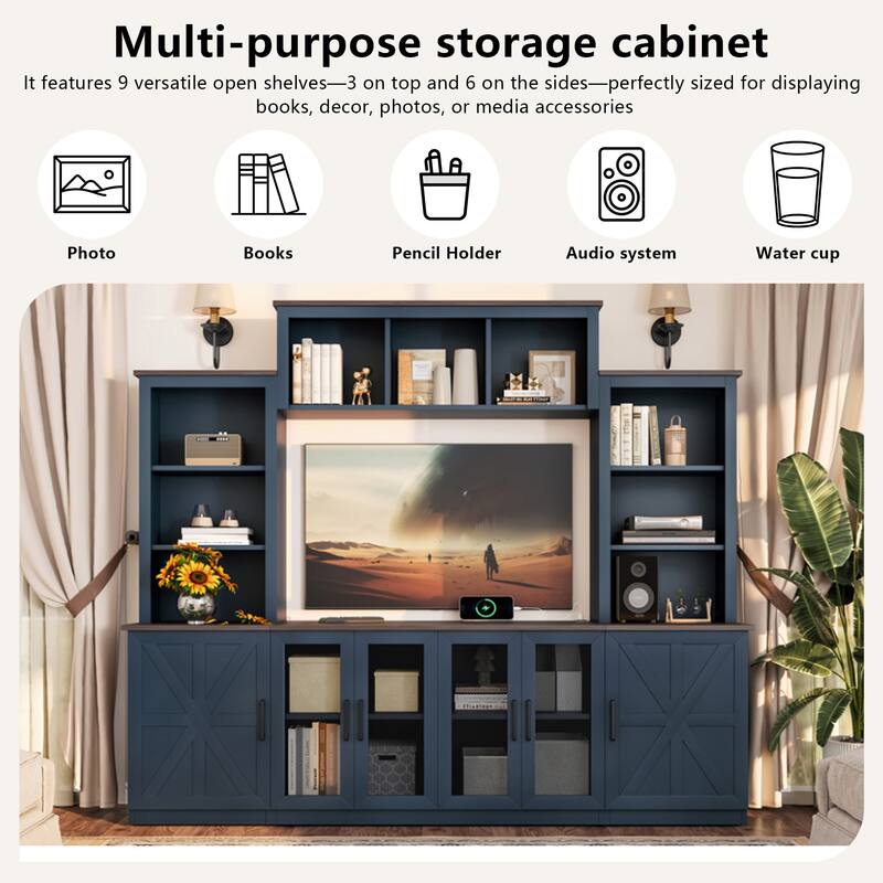 Modern 87.6" Wall Unit Entertainment Center with Bookshelves for TVs up to 55", TV Stand Media Console with Charging Station