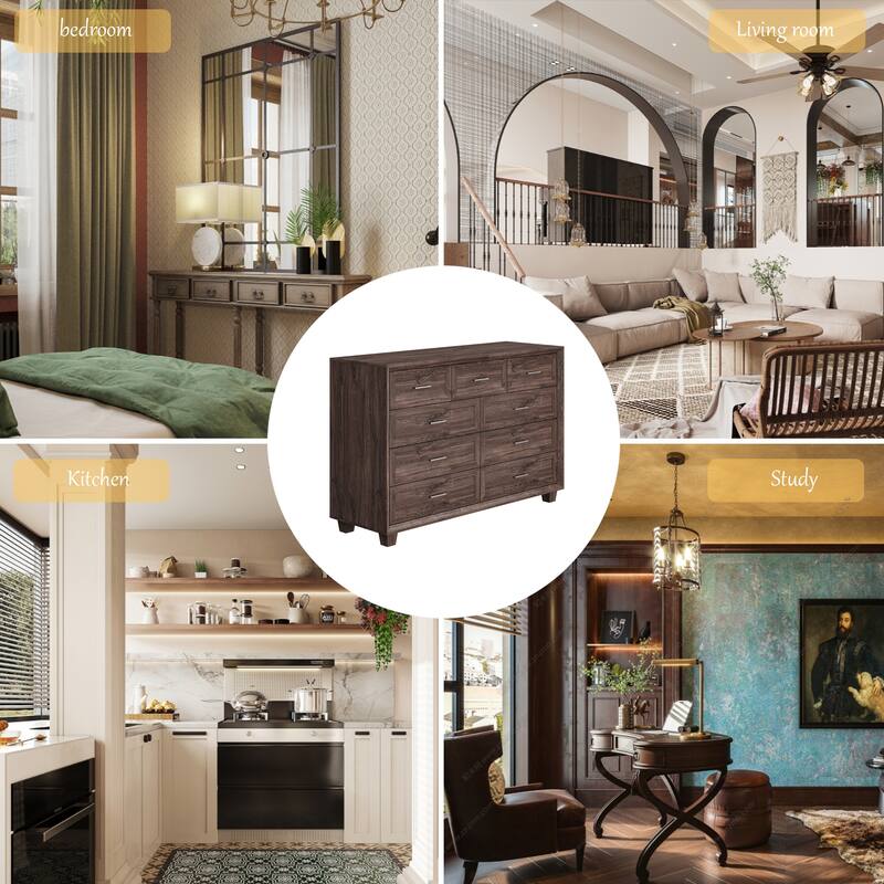 Modern 9-Drawer Dresser with Solid Wood Legs, Vintage Brown and White Wood Grain Options, Bedroom Storage Chest