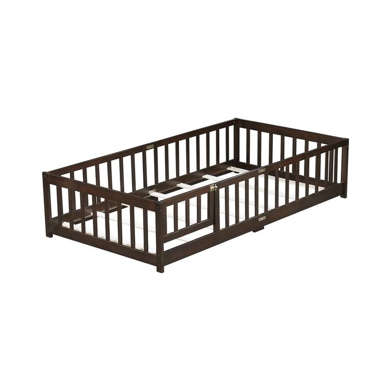 Twin Size Floor Bed with Fence and Door,Rubber Wood Floor Bed with Safety Guardrails