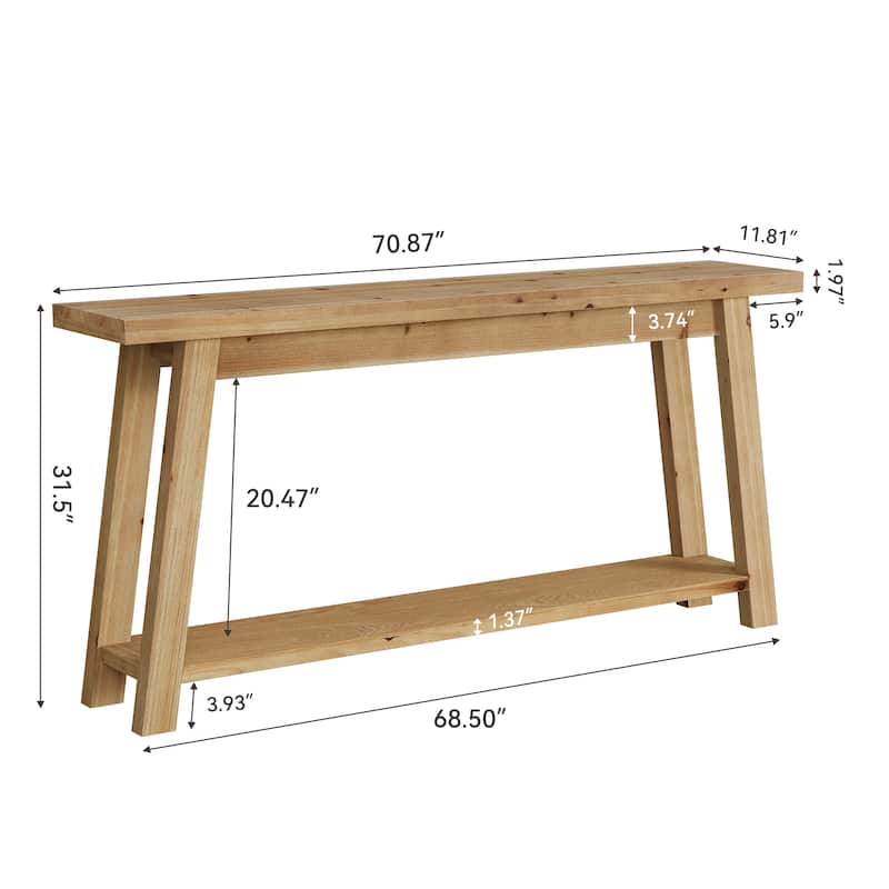 70.8'' Long Solid Wood Entryway Console Table with Shelf, 1.97'' Thick One-Piece Solid Wood Tabletop