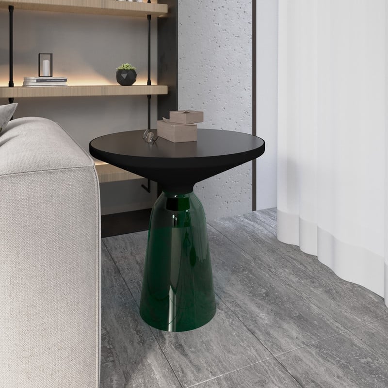 Tully Modern Round Black Glass/Stone Top Side Table with Black Iron Rim and Glass Base for Living Rooms, Bedrooms, or Offices