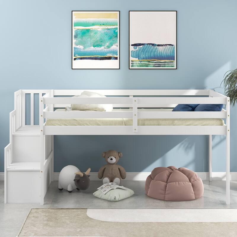 Twin Size Loft Bed with Built-in Staircase and Storage Steps, Kids Bed with Play and Storage Space, Sturdy Pine Frame