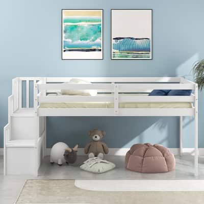 Wood Loft Bed Frame with Storage Staircase, Twin Size Kids Low Loft Bed with Play and Storage Spaces Underneath for Boys Girls