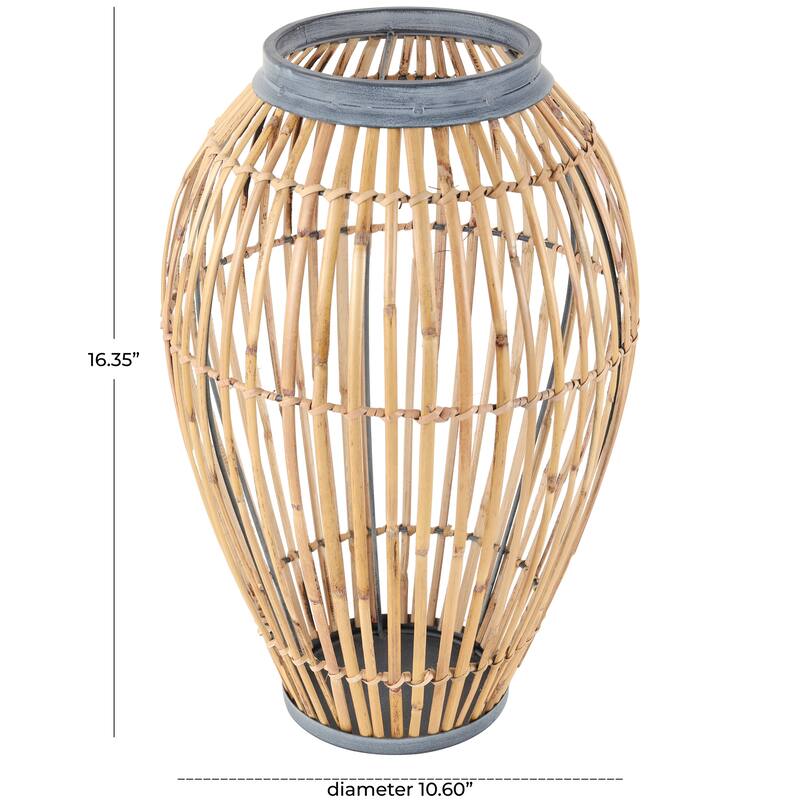 Brown Bamboo Wood Handmade Open Frame Decorative Vase with Blue Metal Accents