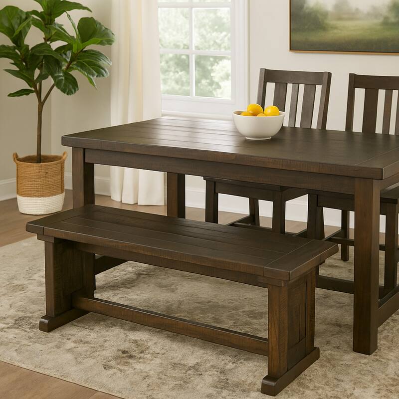 Camie Side Dining Bench, Plank Seat, Dark Brown Mahogany Wood 48 Inch