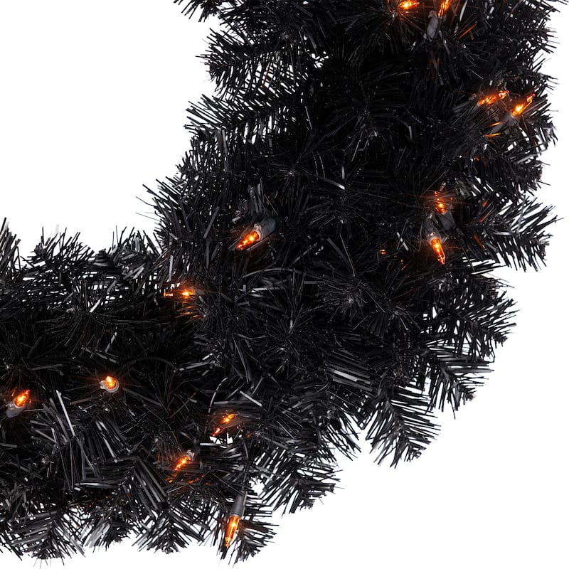 Black Noble Spruce Artificial Halloween Wreath 24 Inch Orange Lights