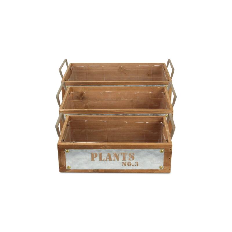 Brown Wood and Galvanized Metal Jardin Fleurs Stamped Crate (Set of 3)