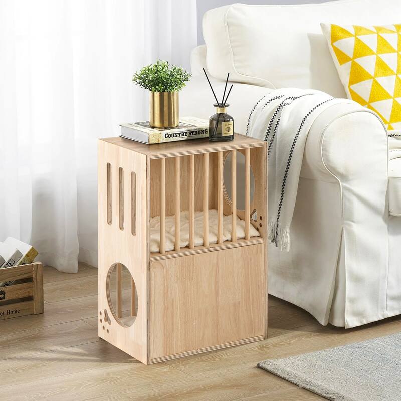 2-Tier Ventilated Design Wooden Cat Condo with Washable Cushions Cat Furniture for Indoor Use - 17" x 11.5" x 25.5"