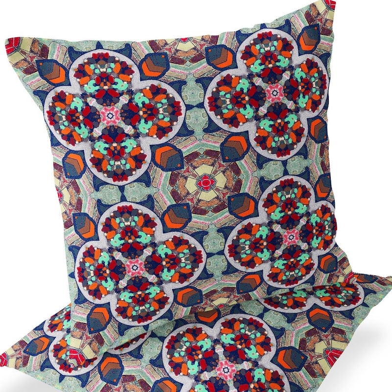 HomeRoots Set of Two 16" X 16" Blue and Orange Blown Seam Floral Indoor Outdoor Throw Pillow - 16.00' X '16.00' X '5.00