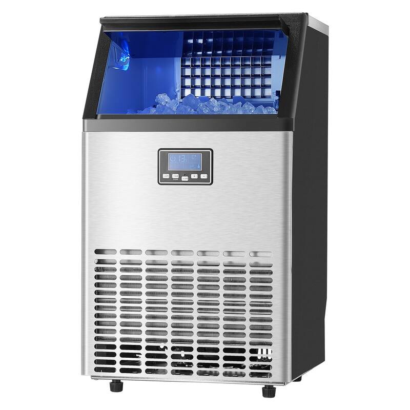 Silver Black Stainless Steel Commercial Ice Maker with 33 lbs Storage and Self Cleaning - 17.6 x 15.7 x 31.4 in (with feet)