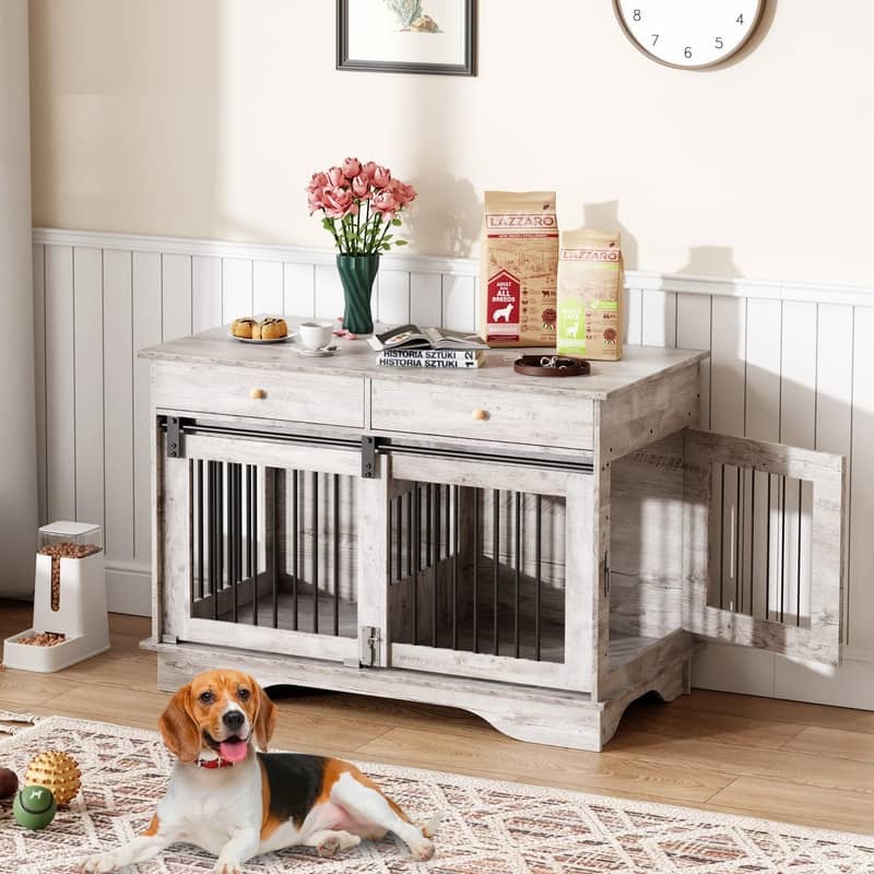 Wooden Dog Crate Kennel Furniture with Barn Door 2 Storage Drawers Removable Divider