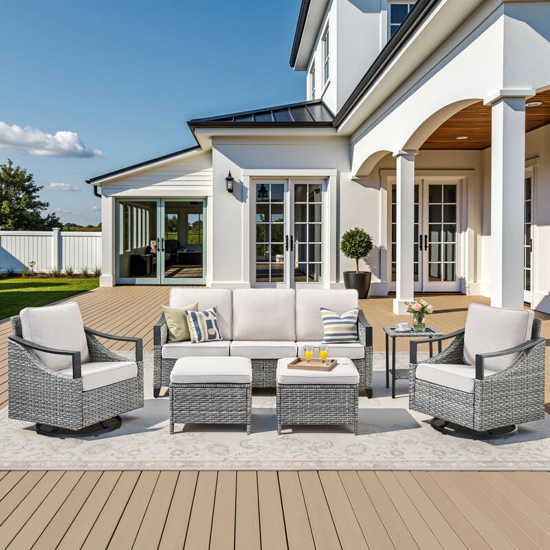 Pocassy Outdoor Sofa Swivel Patio Chair Table with Ottoman Set - Gray Wicker Beige Cushion - 5-Piece Sofa Swivel Chair Table with Ottoman