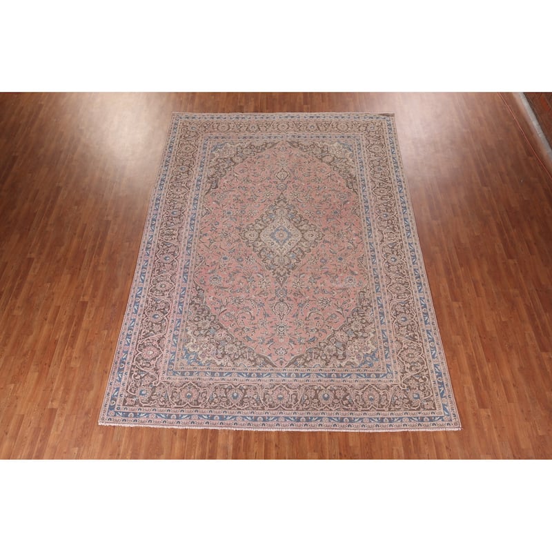 Traditional Pink Mashad Persian Vintage Area Rug Handmade Wool Carpet - 9'7"x 13'1"