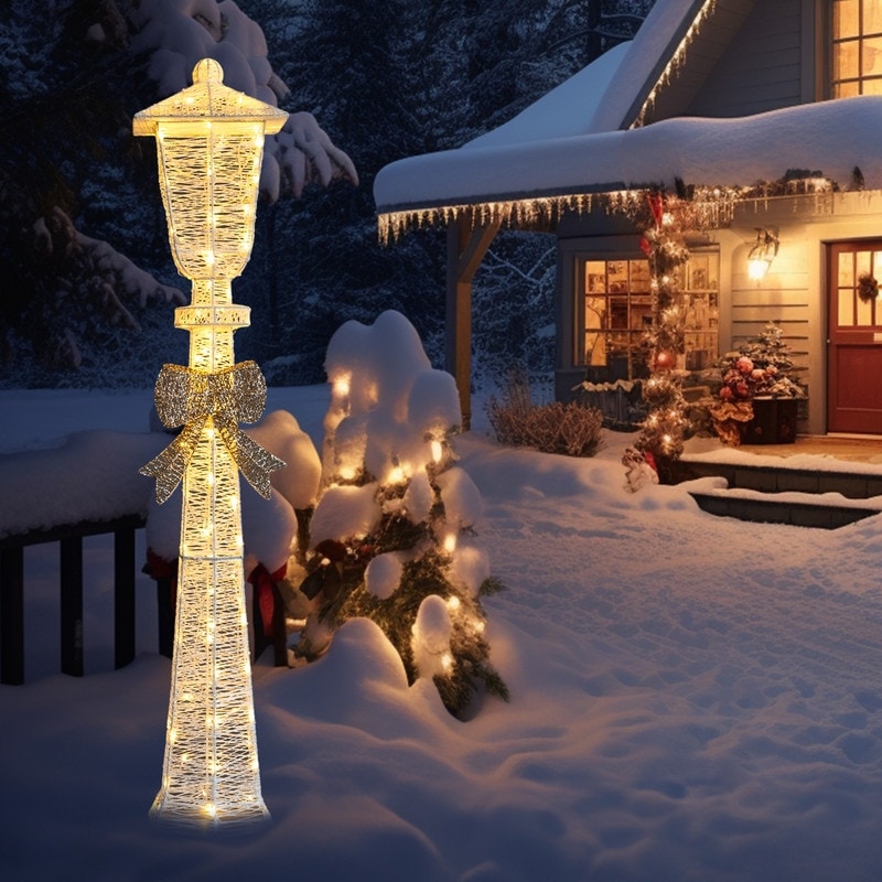 5FT Lighted Lamp Post, Pre-lit Holiday Decor with 110 Warm White LED Lights for Xmas Outdoor Decor Lighted Holiday Displays