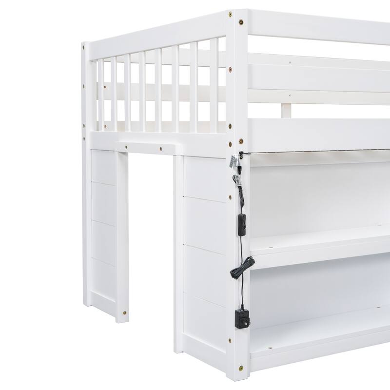 Twin Size Kid Low Loft Bed with Two-Tier Shelves and LED Light