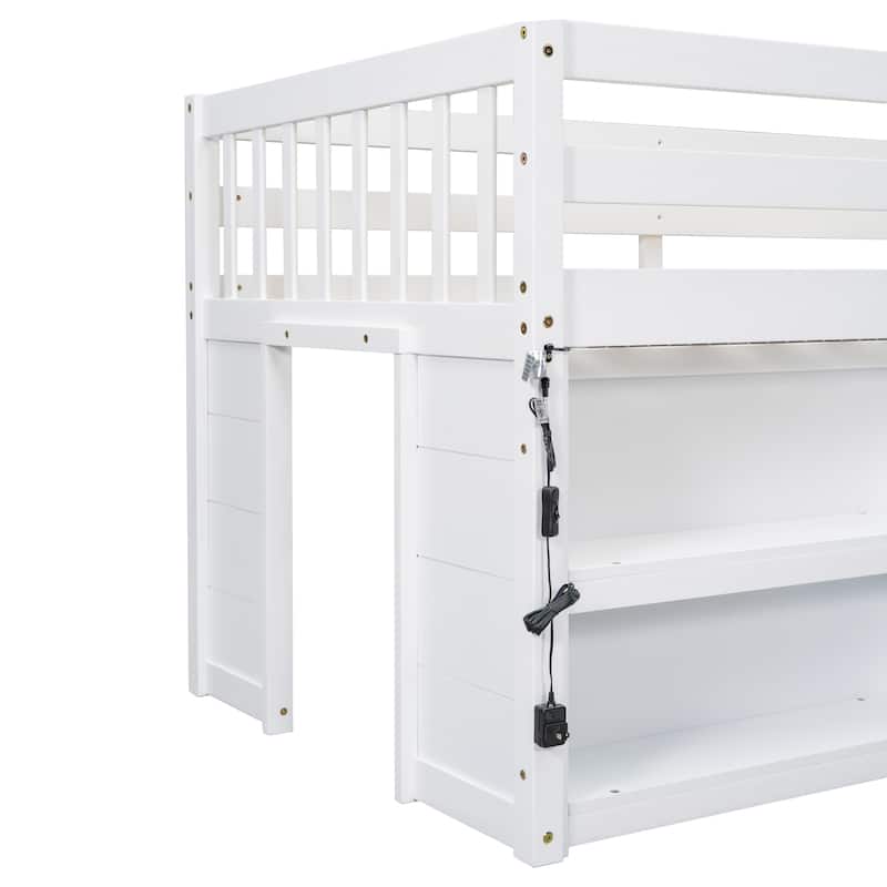 White Twin Size Wood Low Loft Bed with Two-Tier Shelves and LED