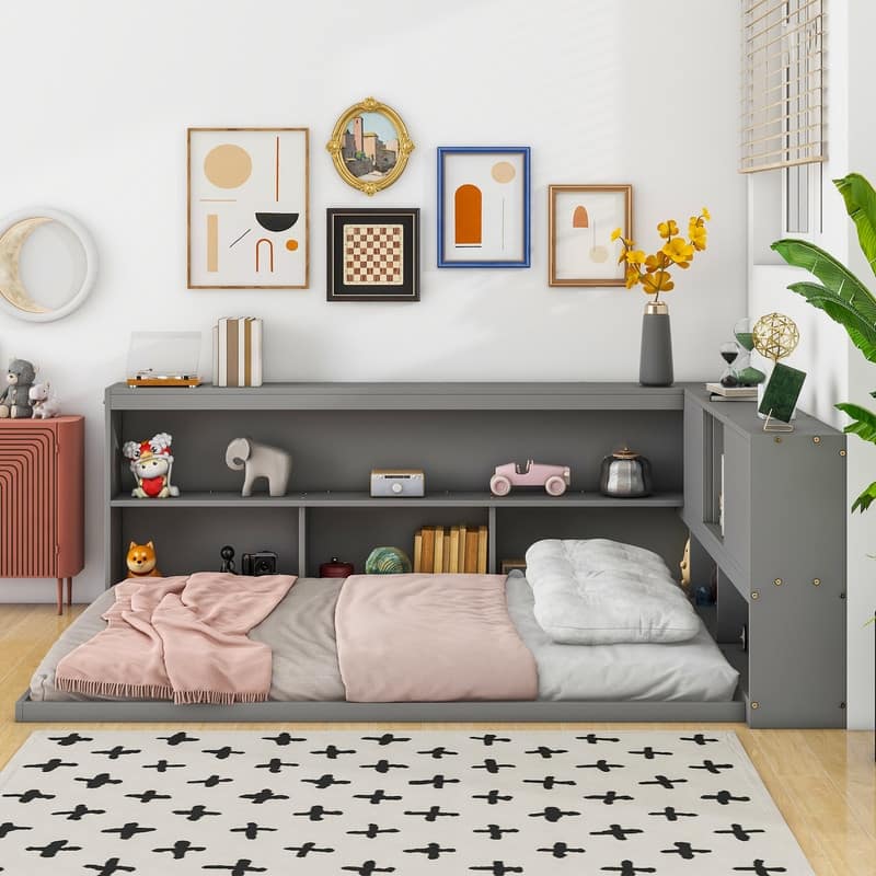 Full Size L-shaped Floor Bed with Bookcases,Sliding Doors,without Slats