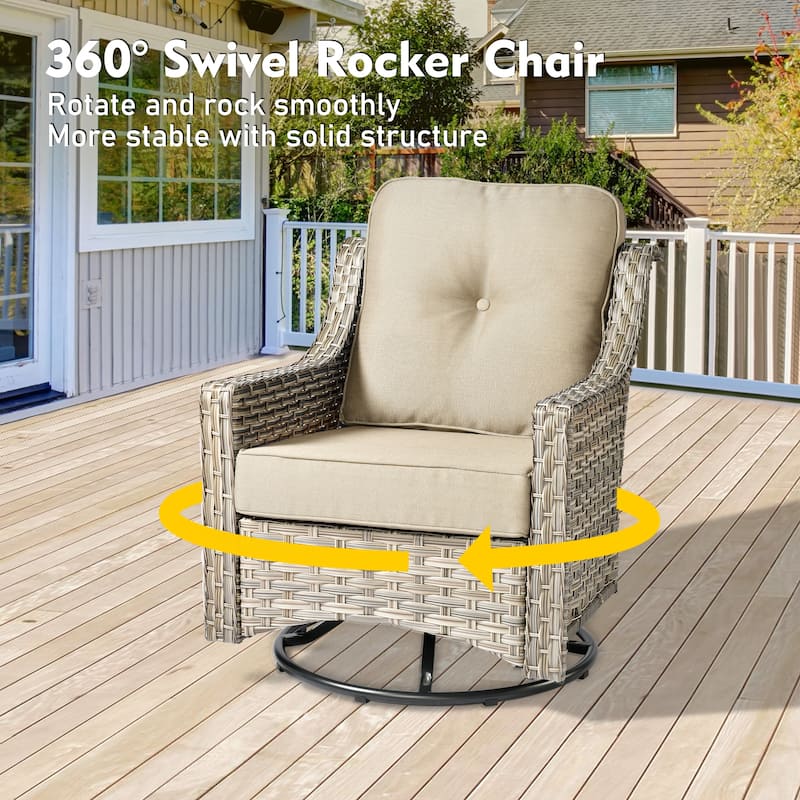 OVIOS 6 Pieces Outdoor Wicker Curved Swivel Chair Set With Fire Table
