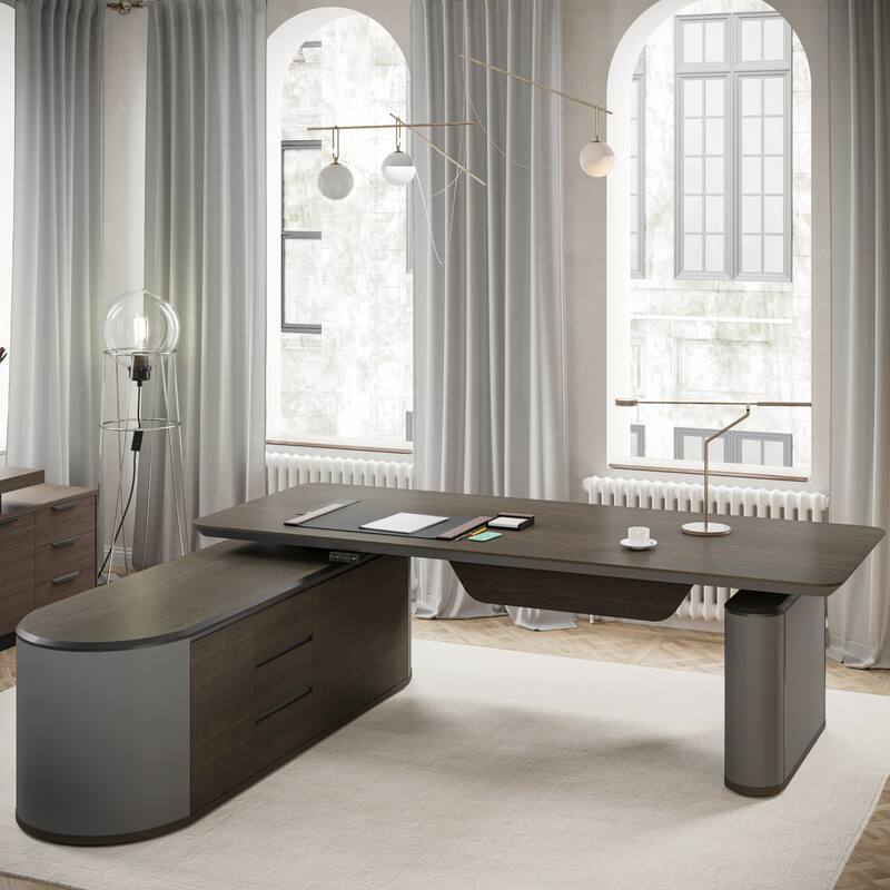 WESOME Sit & Stand Adjustable Height Reversible L Shaped Executive Desk with File Cabinets Drawers Universal Charging Ports