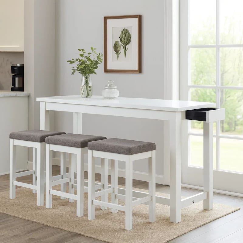 1 Drawer Counter Height Table with Backless Stools,Set of 4,White and Gray