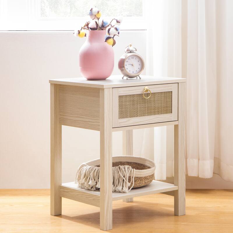 SICOTAS Farmhouse 1-Drawer Rattan Nightstand - White