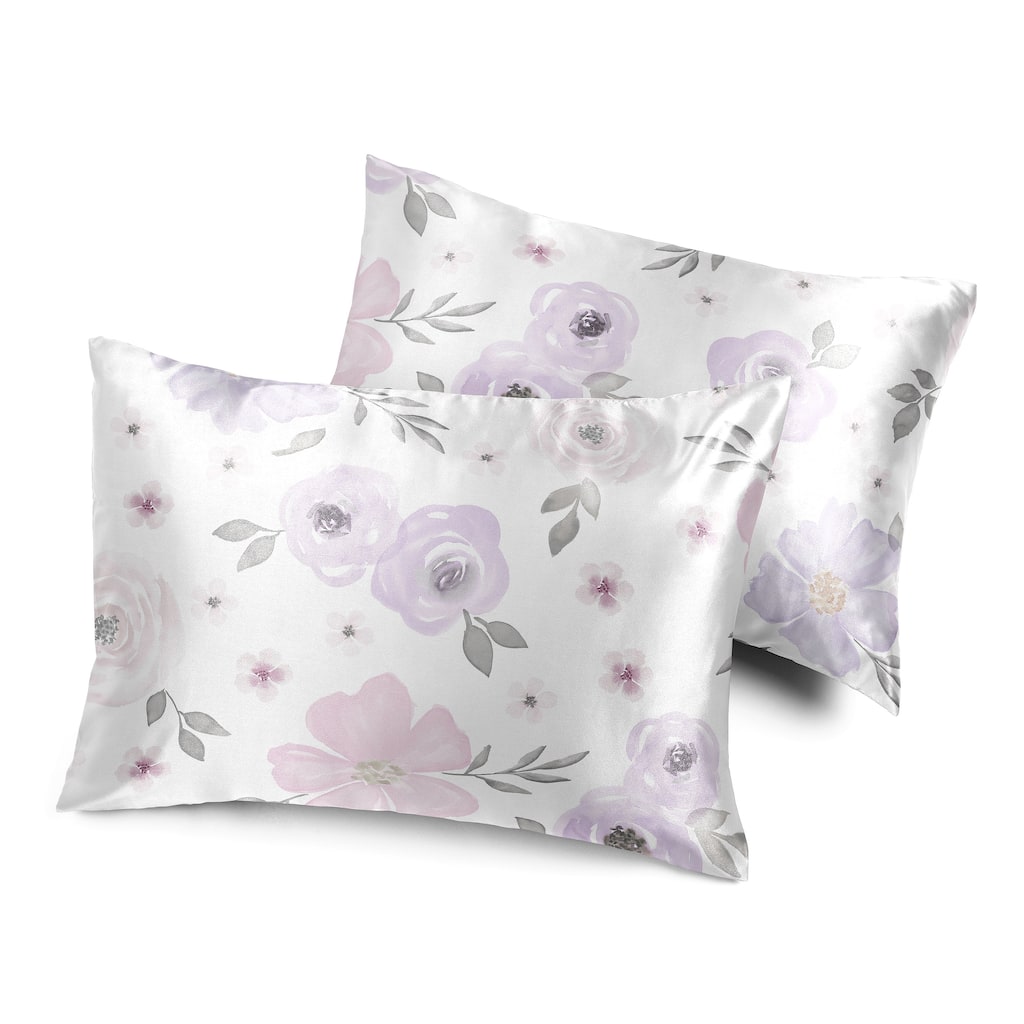 Sweet Jojo Designs Lavender Purple Boho Floral Girl Decorative Satin Pillowcases - 2 Pack Set - Bohemian, Shabby Chic Watercolor