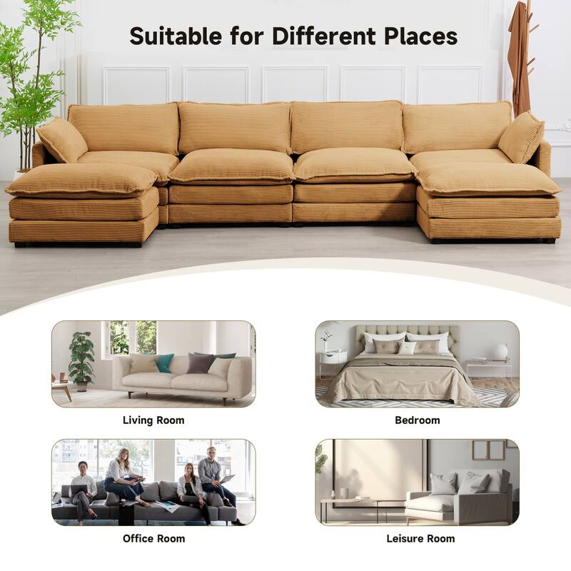 4-Seat Corduroy Modular Sofa with 2 Removable Ottomans for Home & Business