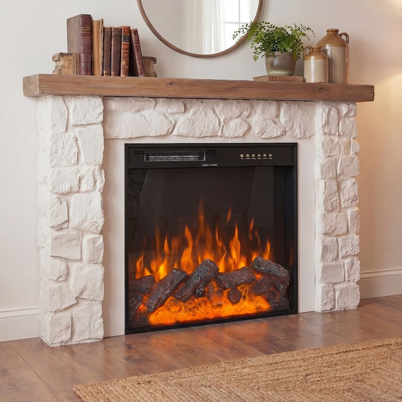 Black Electric Fireplace Insert, 1500W 110V Heater with 12-Color Flame, 5-Level Brightness, High/Low Heat Settings