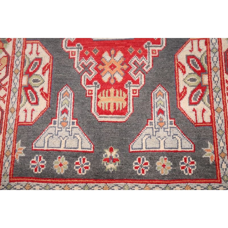 Geometric Kazak Oriental Accent Rug Handmade Grey Wool Carpet - 3'1" x 5'1"