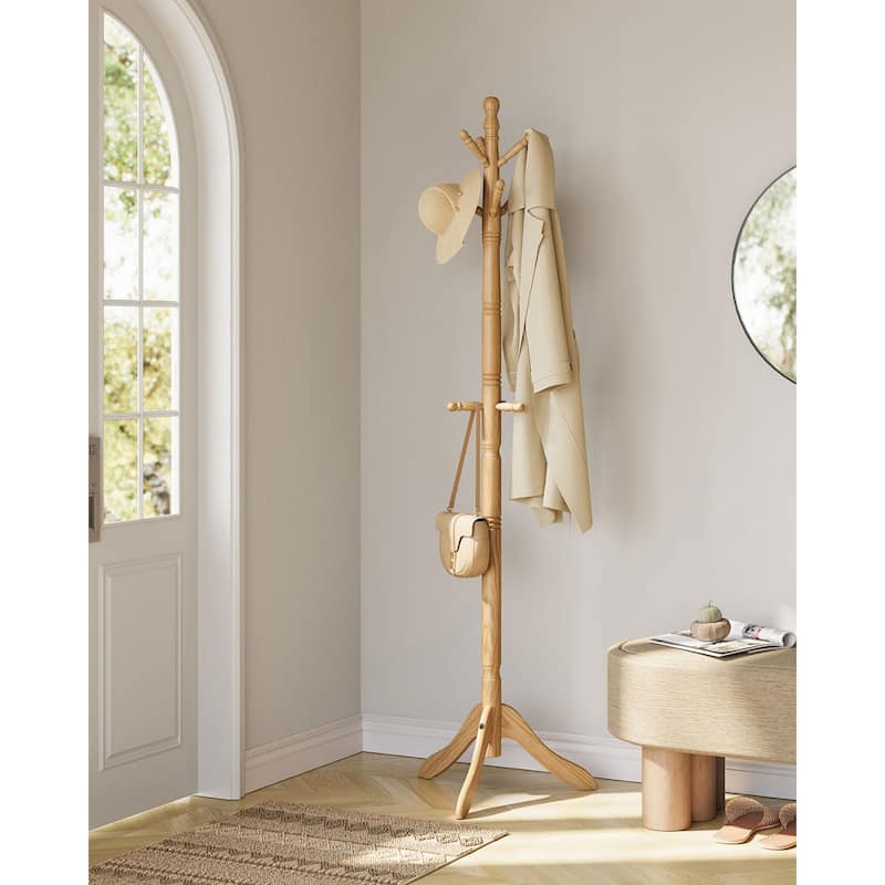 Natural Wood Freestanding Coat Rack Stand Tree with 9 Hooks and Tri Leg Base for Jackets and Hats - 18.5"D x 18.5"W x 70.5"H