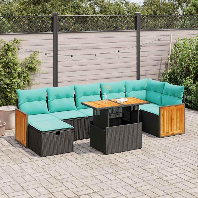 vidaXL 8 Piece Patio Sofa Set with Cushions Gray Poly Rattan Acacia - Black with storage