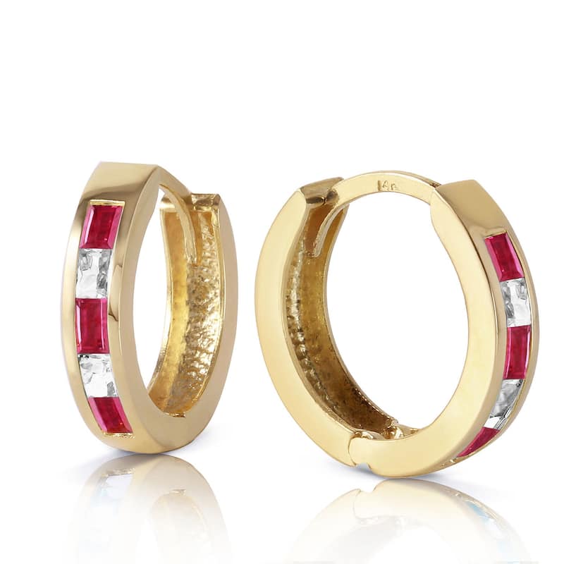 1.26 Carat 14K Solid Gold Hoop Earrings Natural Ruby Rose Topaz - Yellow
