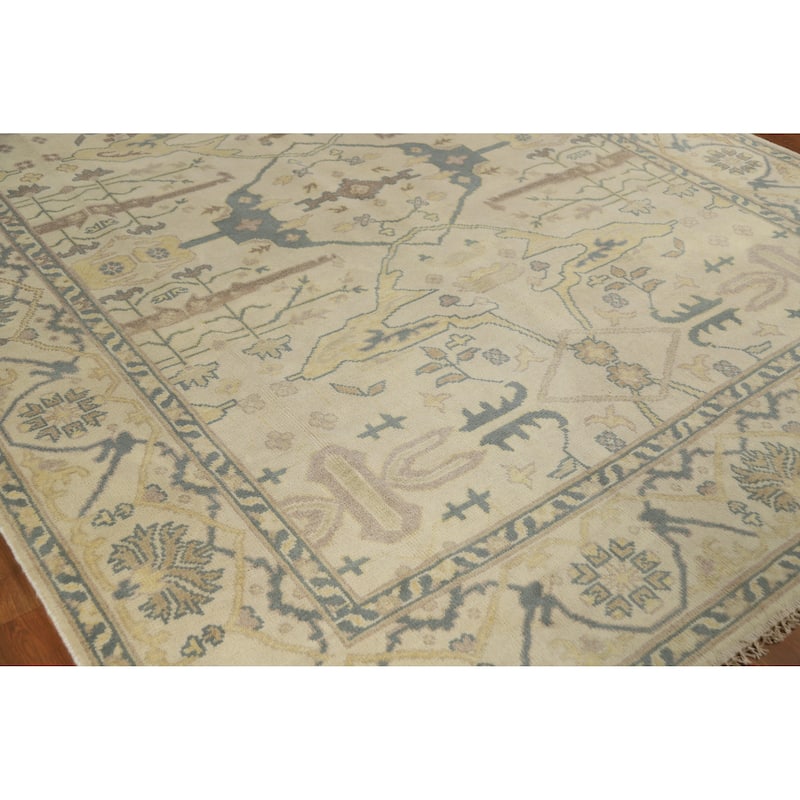 Earth Tone Oushak Style Area Rug Handmade Beige Floral Wool Carpet - 7'9" x 9'10"