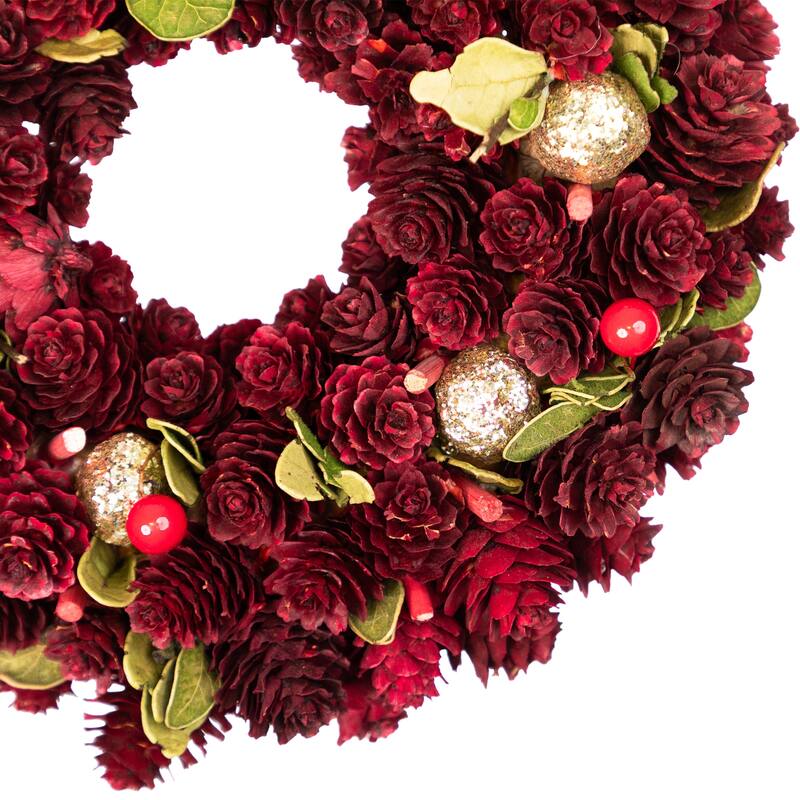Red Gold Pine Cone Ornament Artificial Christmas Wreath, 9.5", Unlit