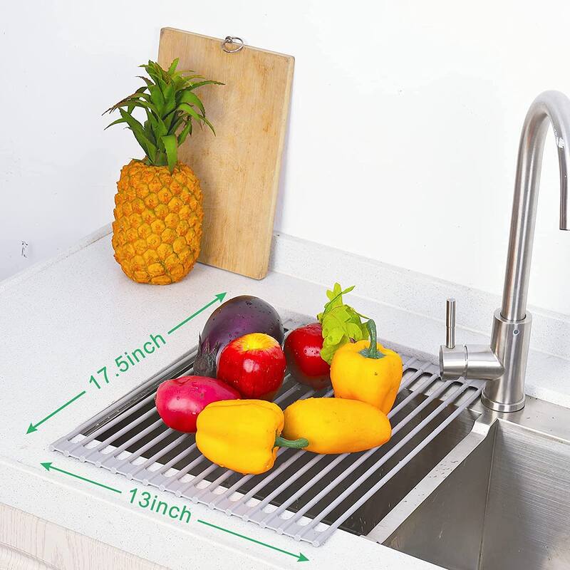 Over the Sink Dish Drying Rack, Foldable Gray Kitchen Drying Mat