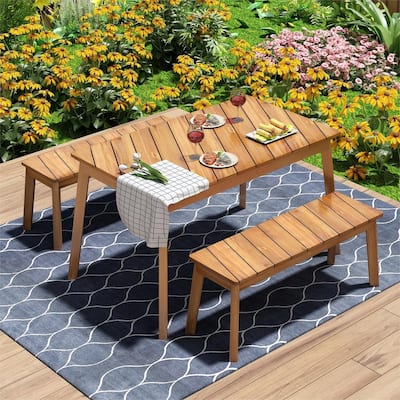 3 Pieces Acacia Wood Dining Set With 2 Benches, for Patio, Porch, Garden