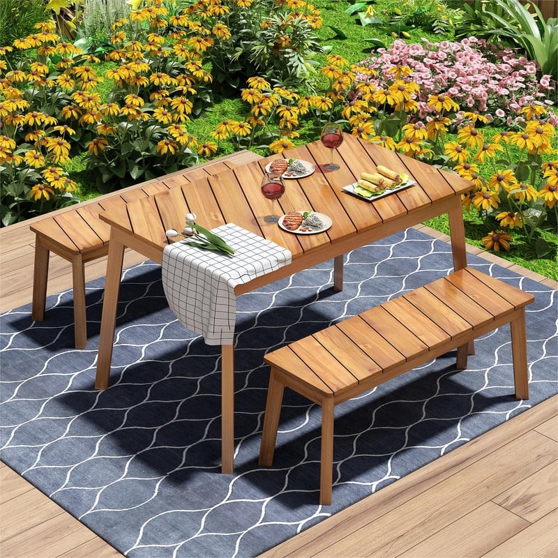 3 Pieces Acacia Wood Dining Set With 2 Benches, for Patio, Porch, Garden