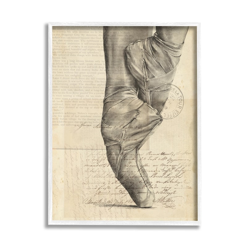 Stupell Ballerina Ballet Slippers Monochrome Vintage Text Collage Framed Wall Art - Brown - 16 x 20 - White