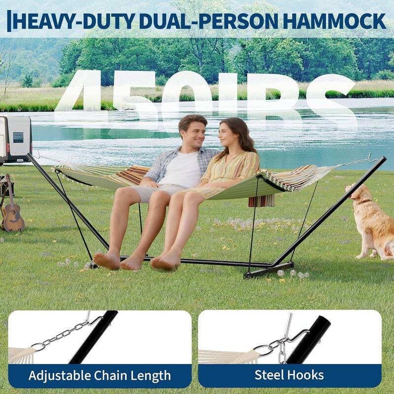 Portable Double Hammock with Stand for Outdoor Patio, Garden, Beach, Backyard, Max 450 Lbs Capacity
