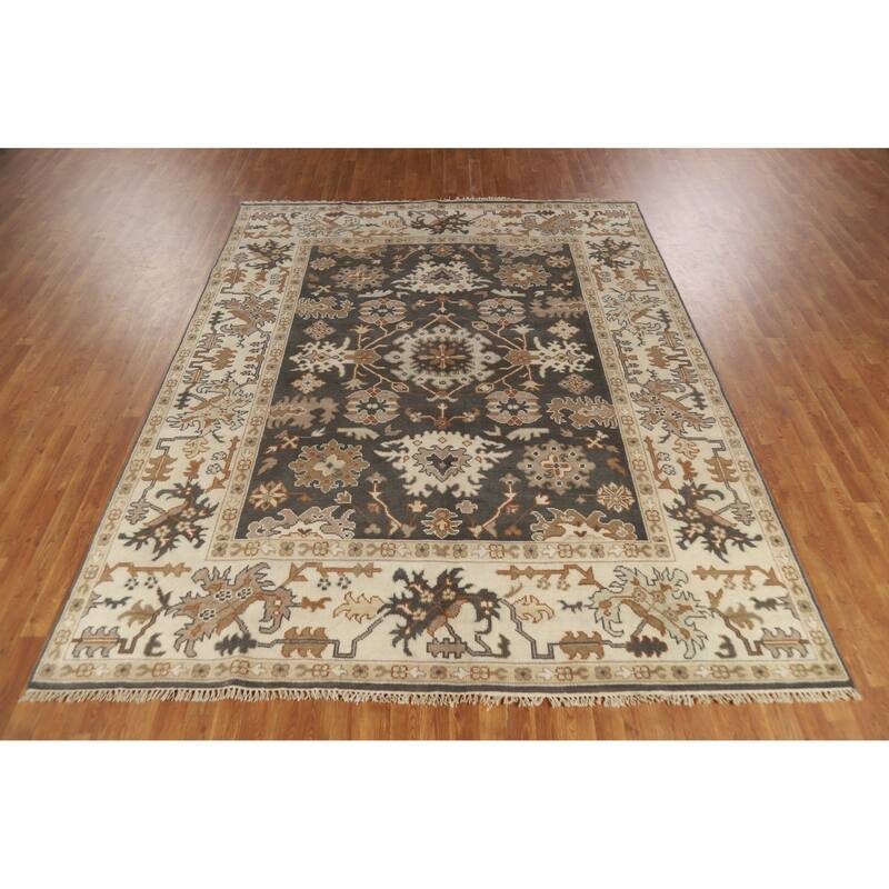 Dark Gray Floral Oushak Indian Area Rug Handmade Wool Carpet - 7'11" x 10'0"