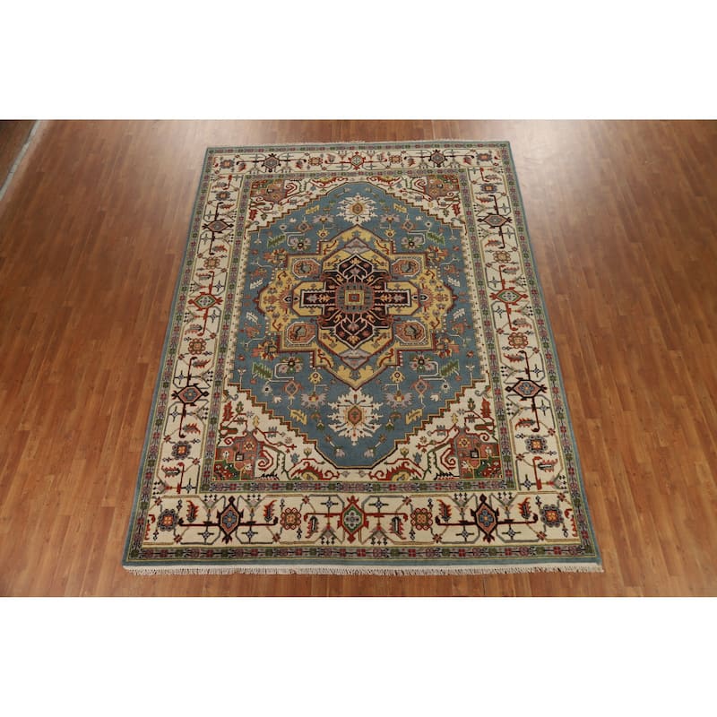 Hand Knotted Oriental 100% Wool Carpet Traditional Medallion Navy Blue & Blues Heriz (serapi) Area Rug - 11' 10'' X 8' 9''