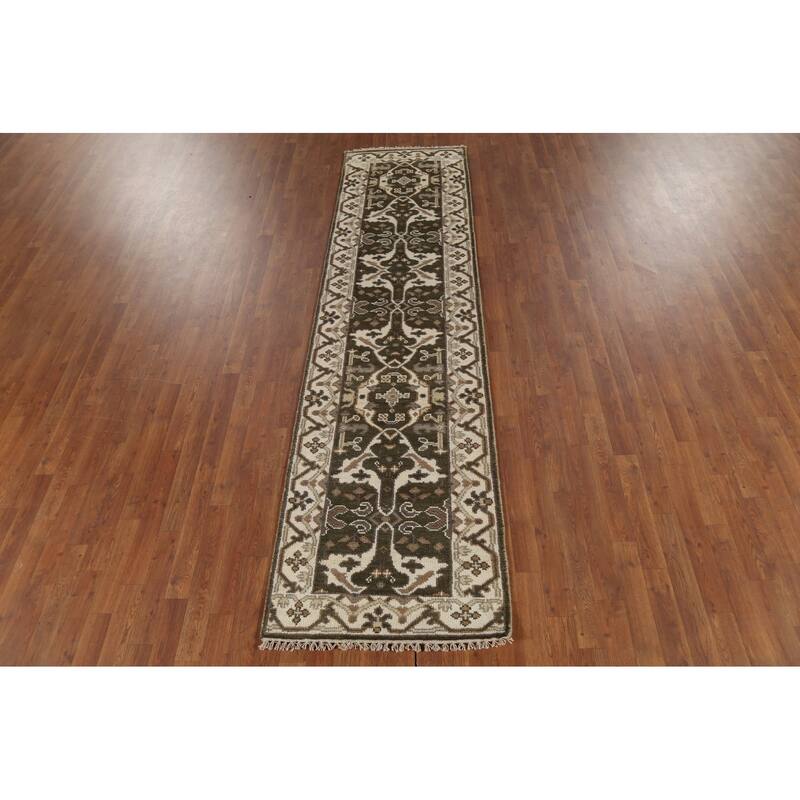 Green Oushak Oriental Runner Rug Hand-Knotted Transitional Wool Carpet - 2'6"x 9'8"
