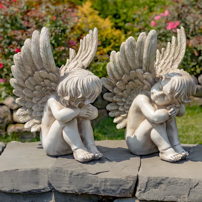 20" Tall Set of 2 Sitting Polyresin Cherub Statues - 14.5" L x 11" x 19.8" H