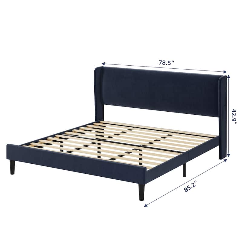 Velvet Bed Frame Full Size with Wingback Headboard and Storage Pockets