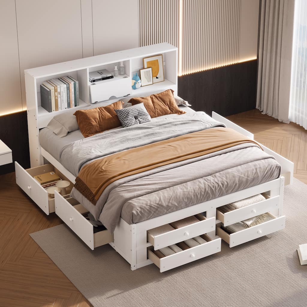 King Size Platform Bed with Storage Headboard & 8 Drawers - White