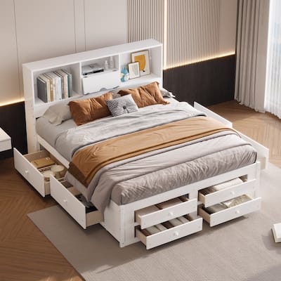 King Size Platform Bed with Storage Headboard and 8 Drawers, White