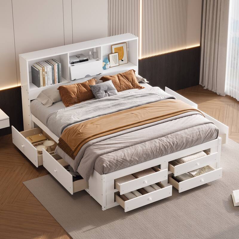 Roomfitters Queen/King Platform Bed with Storage Headboard and 8 Drawers, Solid Wood - White - King