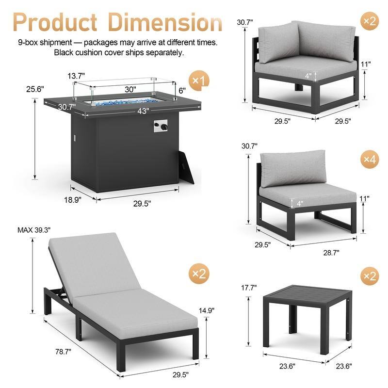 11-Piece Luxury Aluminum Outdoor Furniture Set with Chaise Lounge & Fire Pit Table, 29" Deep Seating Aluminum Patio Sectional