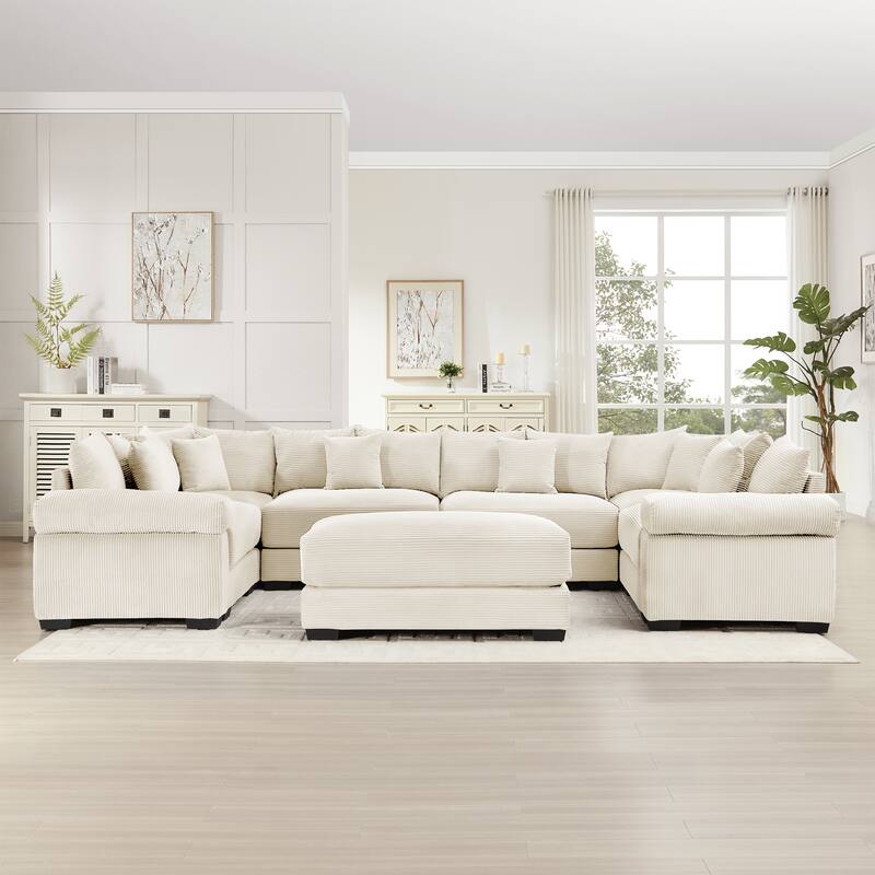 6-Seat Convertible Cloud Corduroy Modular Sofa with 1 Ottoman & Throw Pillows