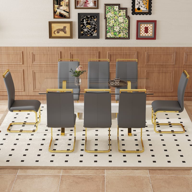 9-Piece Glass Dining Table Set for 8, 71" Rectangular Table with Gold Metal Base, 8 PU Dining Chairs for Kitchen, Dining Room